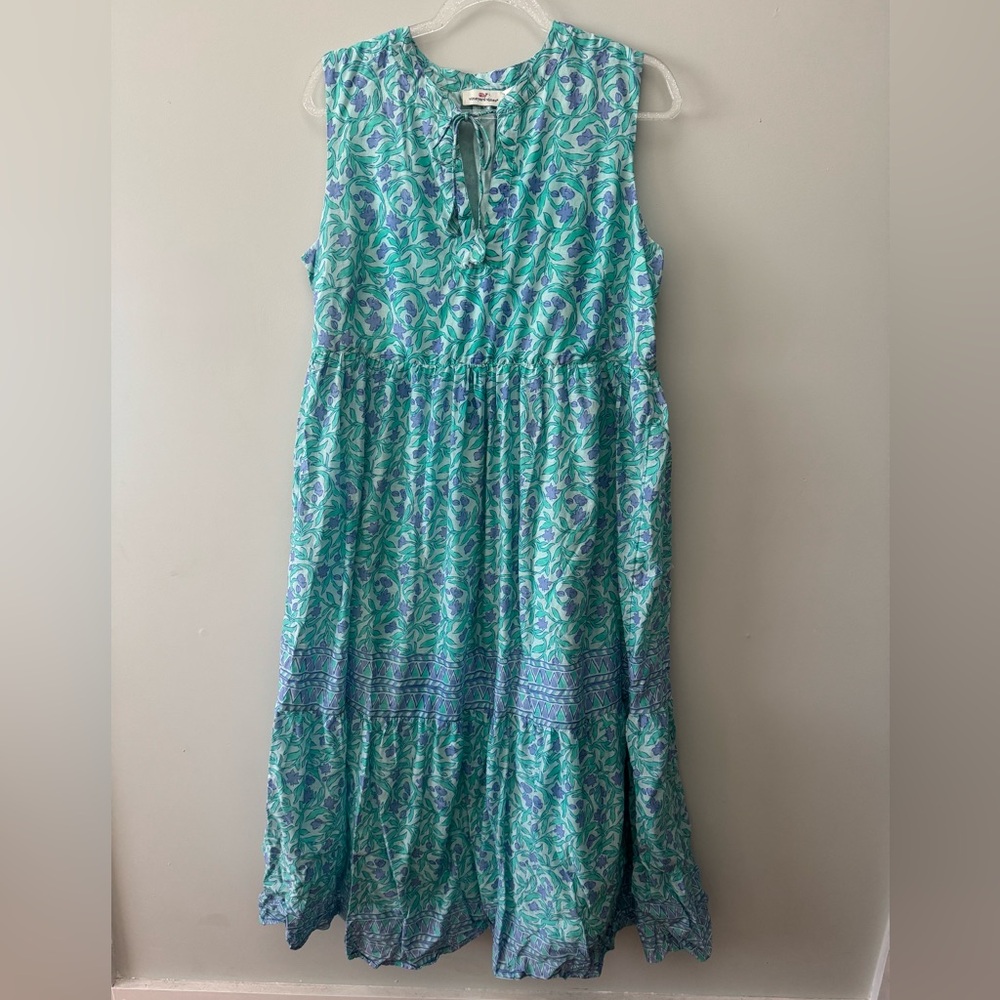 Vineyard Vines Aqua and Lavender Floral Tie-Neck Dress - Picture 1 of 3
